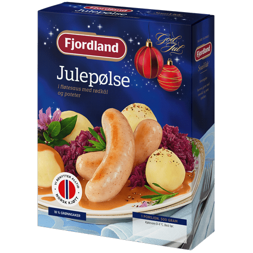 Julepølse i fløtesaus med rødkål og poteter