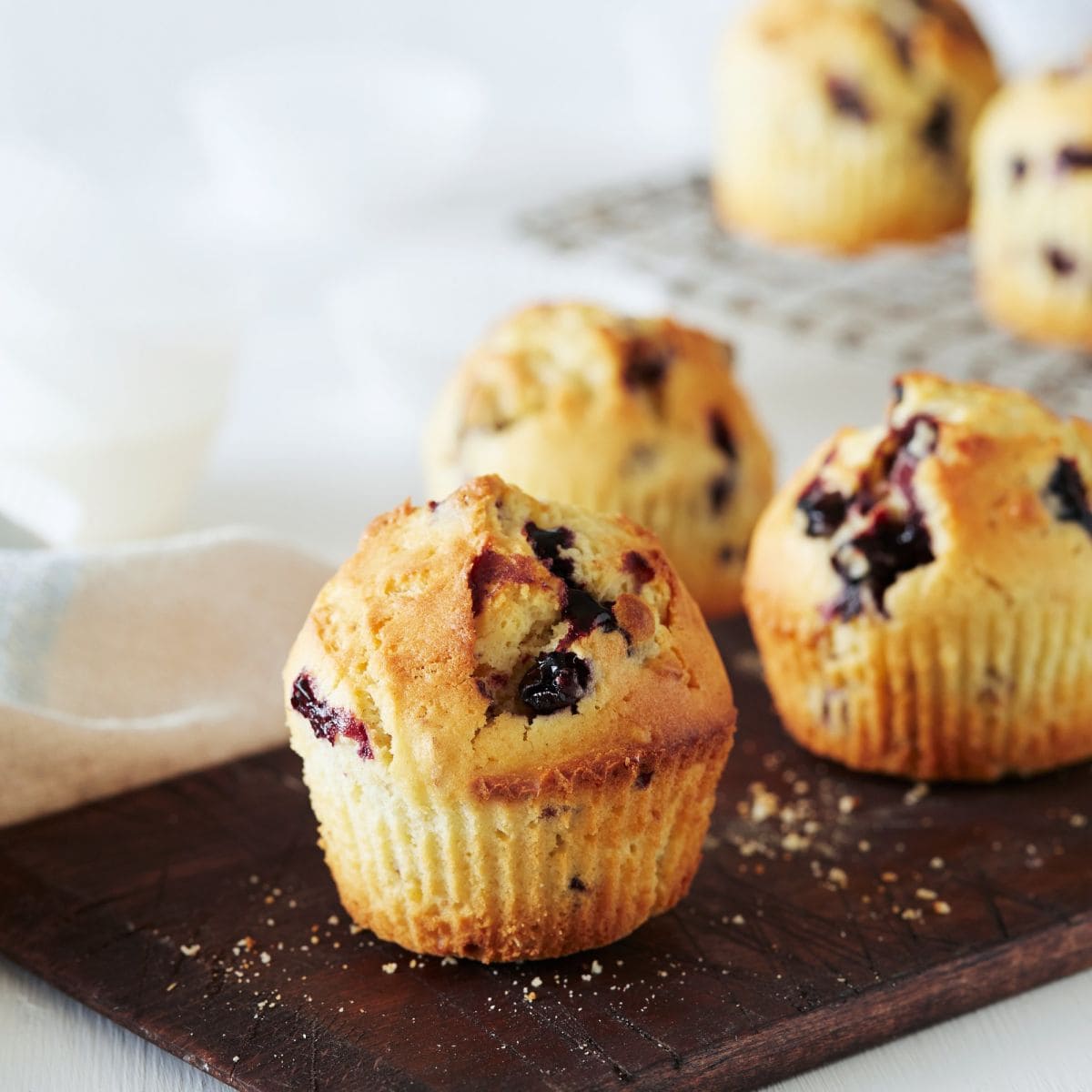 Bildet viser en tallerken med flere blåbærmuffins, som er plassert på en lys bakgrunn. Muffinsene er gyllenbrune på toppen og har synlige blåbær som gir dem en fristende, saftig utseende. Hver muffin er pent formet og ser ut til å være myke og luftige.