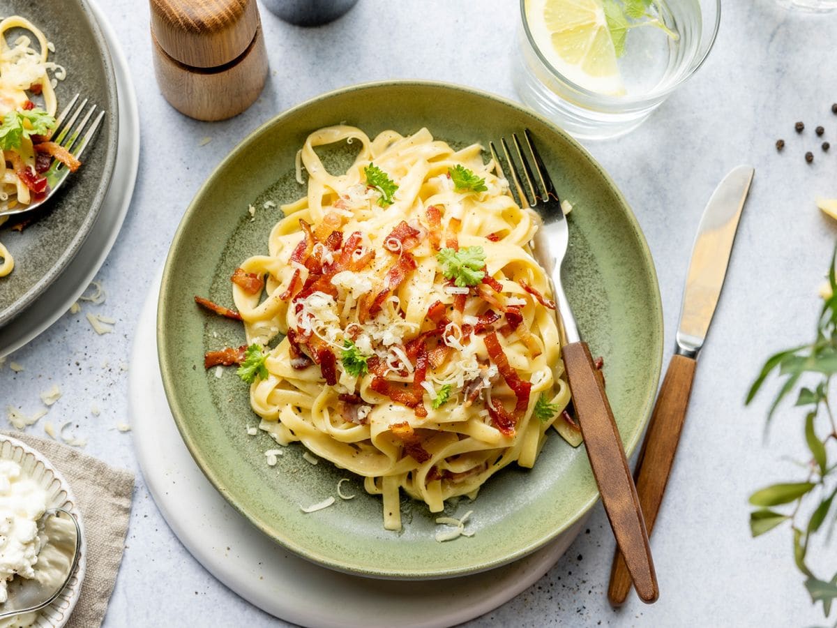 Pasta carbonara med cottage cheese