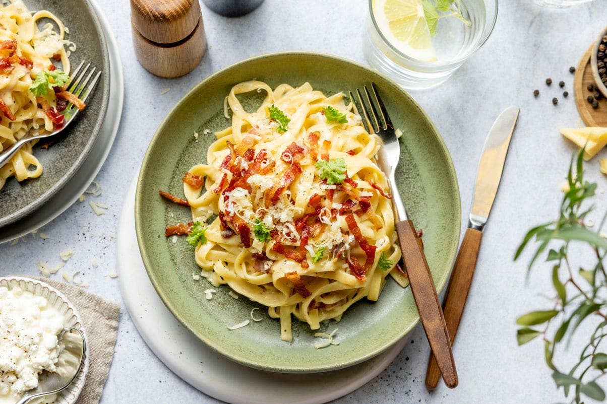 Pasta carbonara med cottage cheese