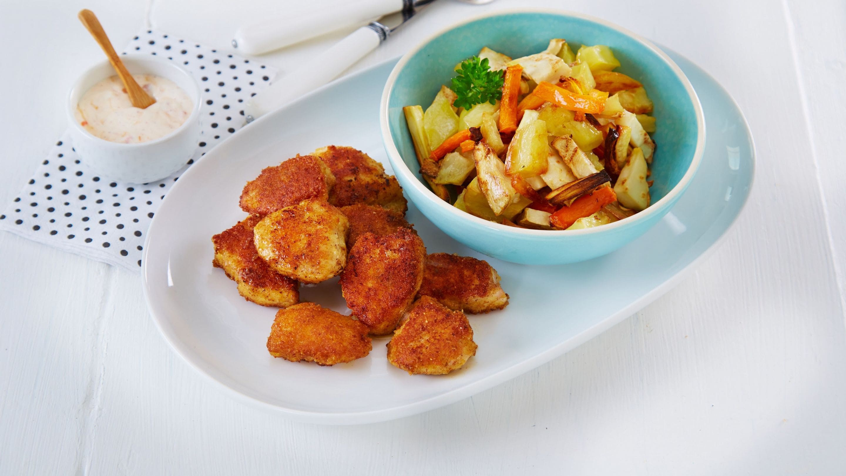 Kyllingnuggets med rotgrønnsaker