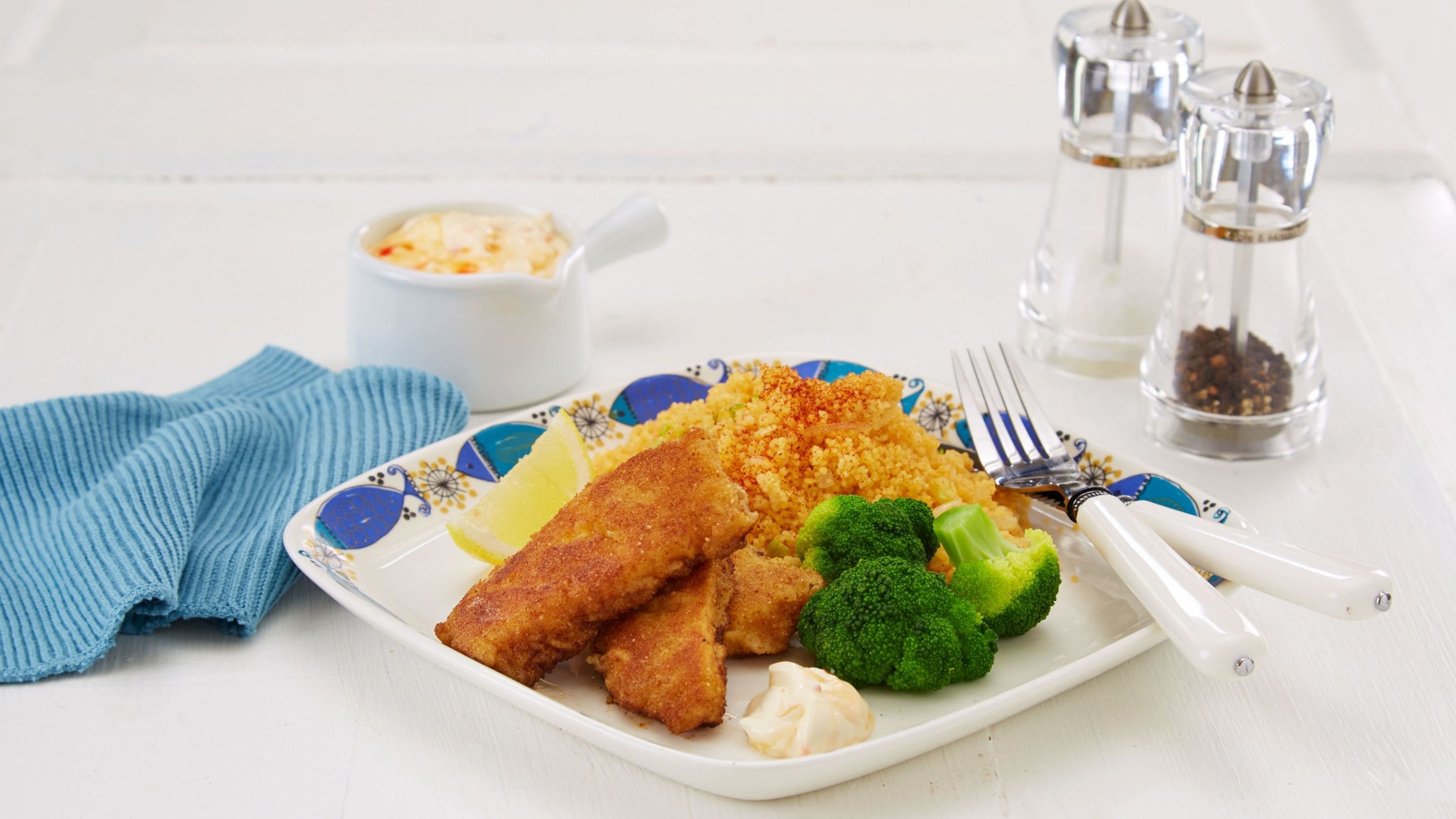 Oppskrift med Spicy fiskepinner med couscous