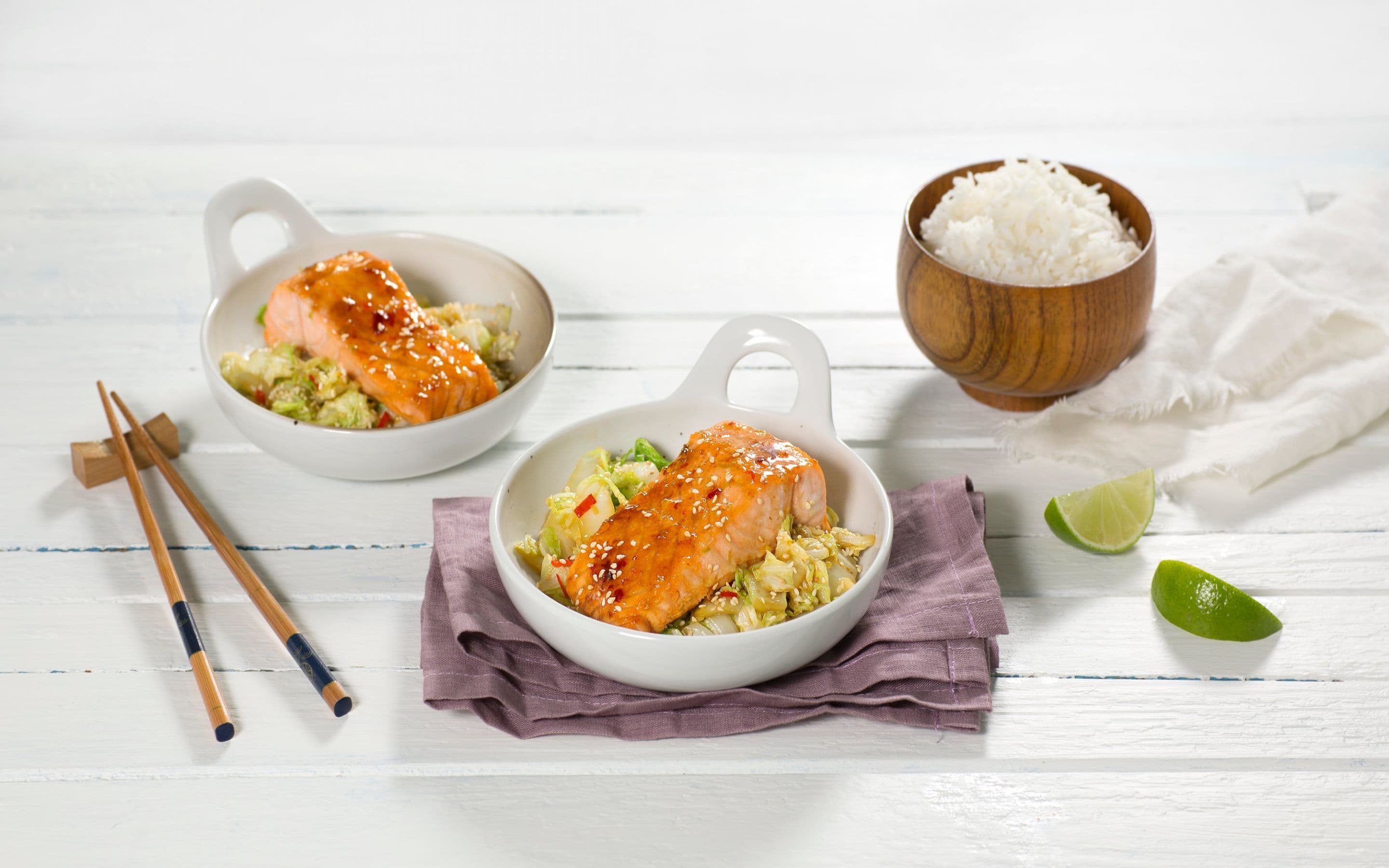 Chili- og limeglasert laks med ris