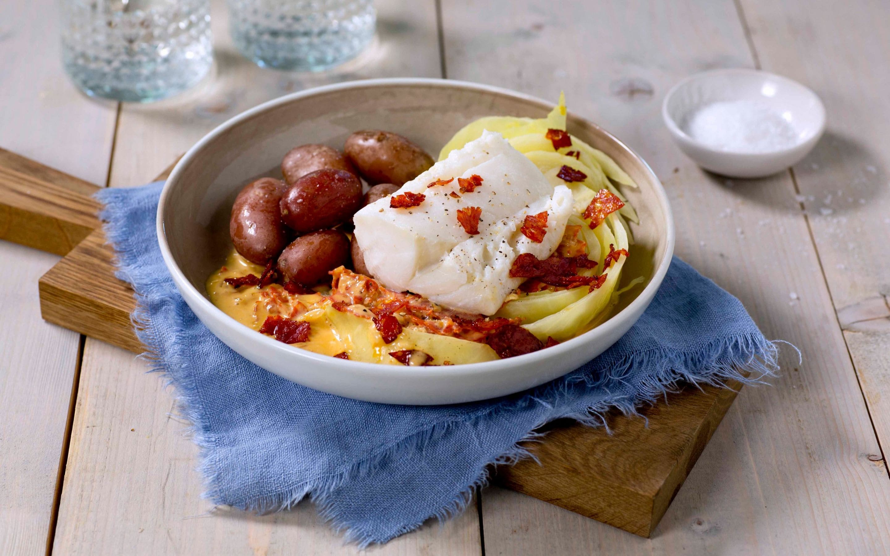 Melkeposjert skrei med kremet chorizo