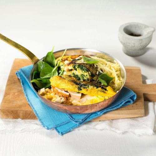 Purre- og spinatomelett med grillet kylling