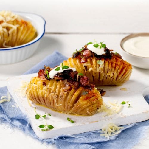 Hasselbackpotet med ost, bacon og sopp