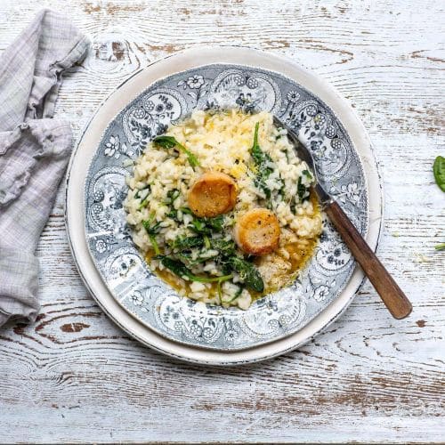 Spinat-risotto med kamskjell