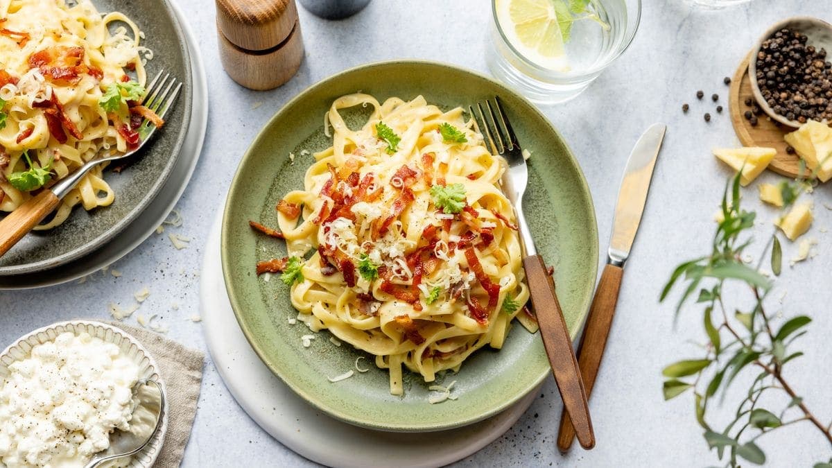 Pasta carbonara med cottage cheese