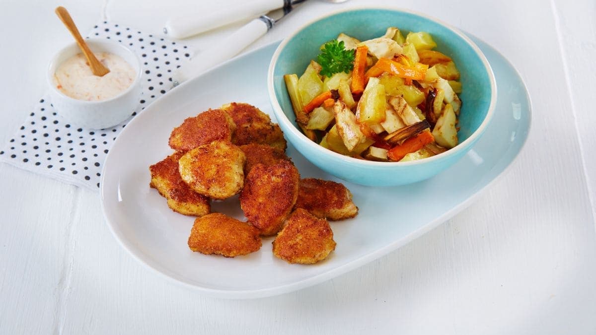Kyllingnuggets med rotgrønnsaker