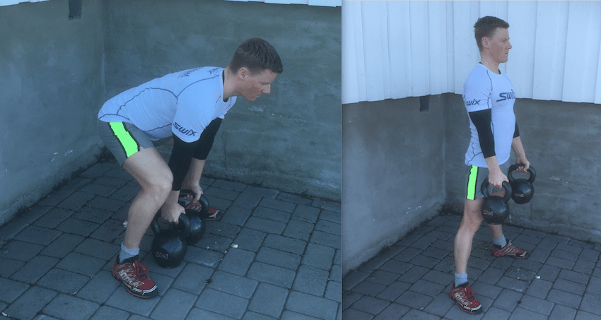 Mann trener med kettlebells. Sumo markløft øvelse