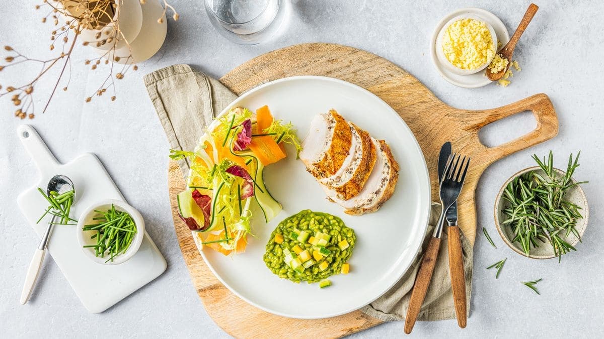 Next ImageSmørstekt kyllingbryst med ruccolarisotto