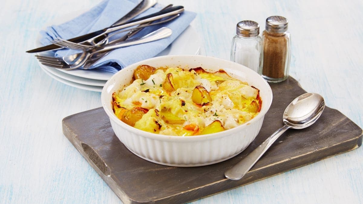 Restegrateng med fisk og grønnsaker