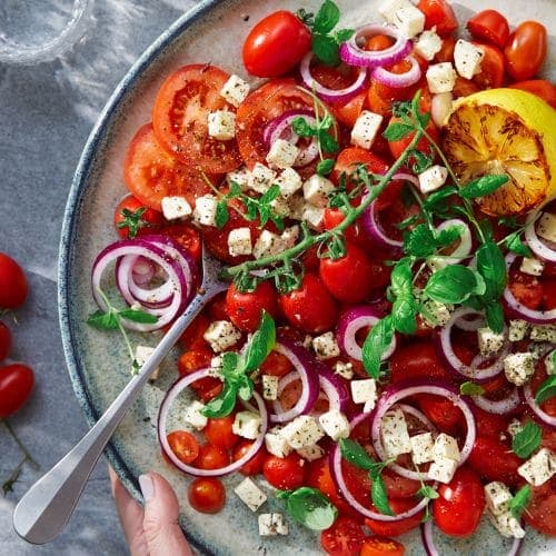 Tomatsalat med rødløk og ost