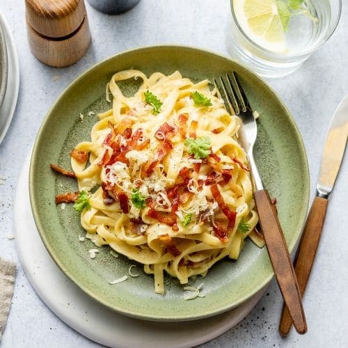 Pasta carbonara med cottage cheese