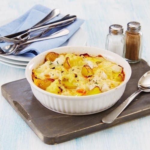 Restegrateng med fisk og grønnsaker