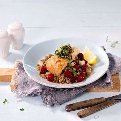 Stekt kveite med linser