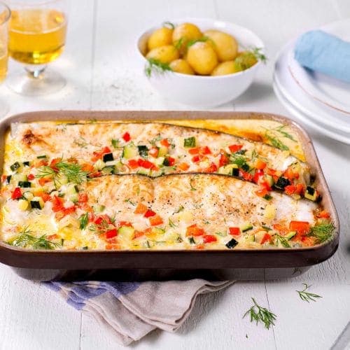 Bakt kveite med fløtesaus i form