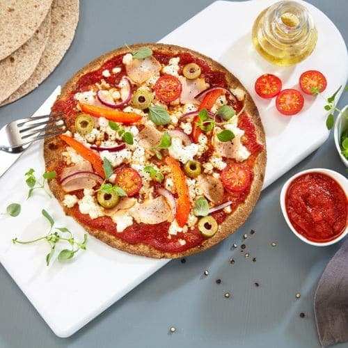 Tortillapizza med Cottage Cheese og kylling