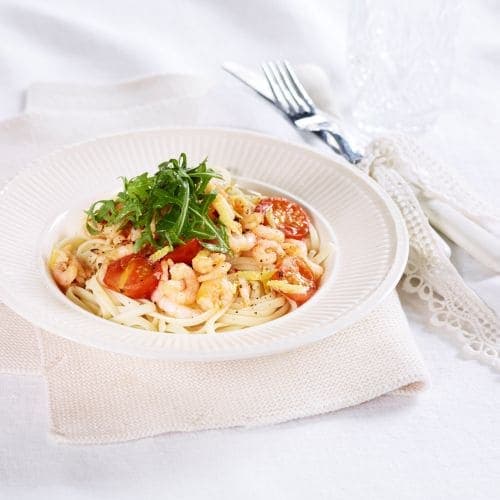 Pasta med reker og ruccola