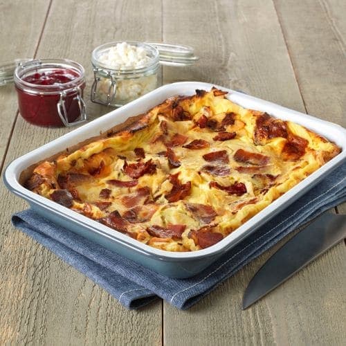 Ovnspannekake med bacon og eple