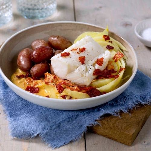 Melkeposjert skrei med kremet chorizo