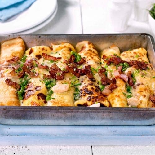 Gratinerte pannekaker med kylling