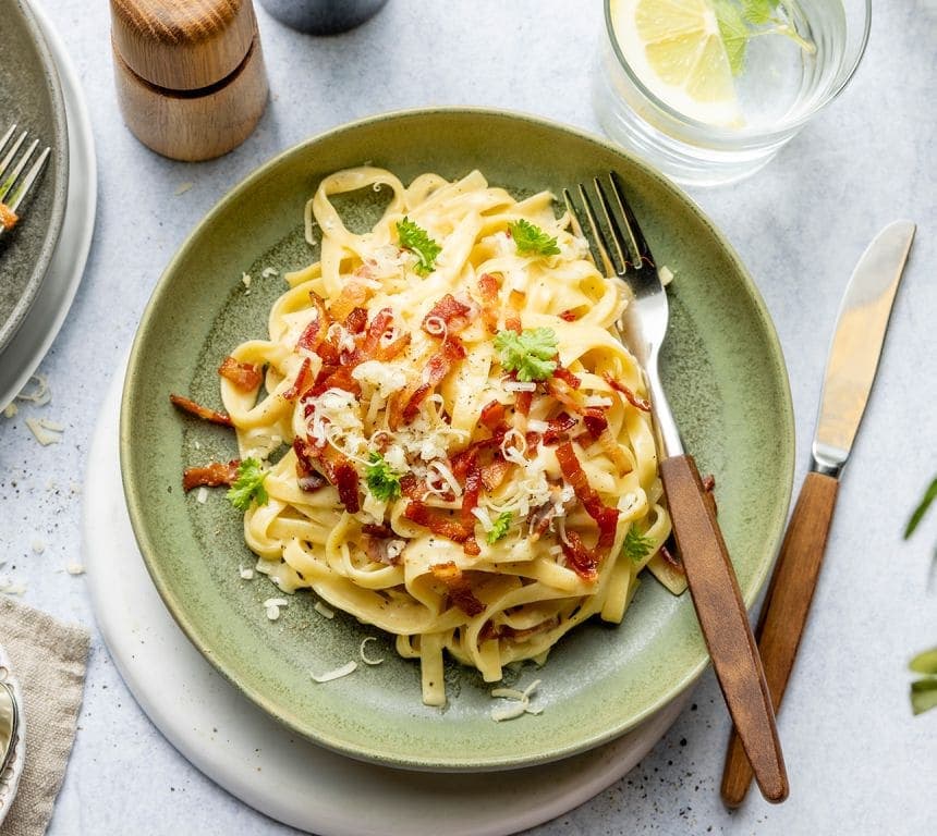 Pasta carbonara med cottage cheese