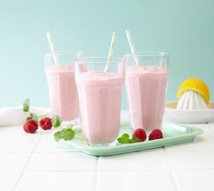 Smoothie med Cottage Cheese, bringebær og banan