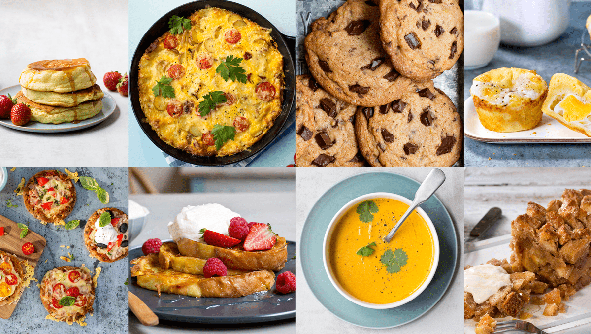 Pannekaker, frittata, cookies med sjokolade, eggebrød, minipizza, arme riddere, gulrotsuppe, monkey bread.