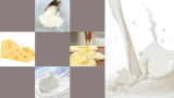 Mosaikk med forskjellige melkeprodukter. Krem, ost, melkepulver, melk